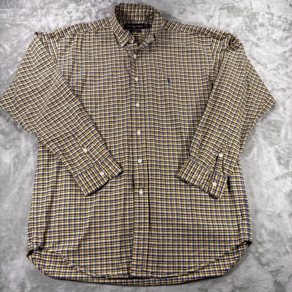 Ralph Lauren Blake Mens Medium Yellow Blue Plaid Cotton Button Down Shirt Pony